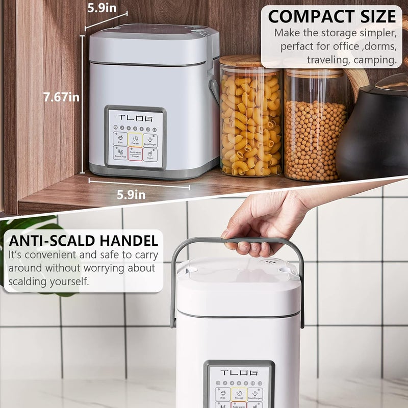TLOG Mini Rice Cooker 2.5 Cups Uncooked, Healthy Ceramic Coating Portable Cooker, 1.2L Travel Small for 1-3 People, Personal maker, Food Steamer, 12 Hours delay timer, Multi-cooker Grains, Oats - Image 3